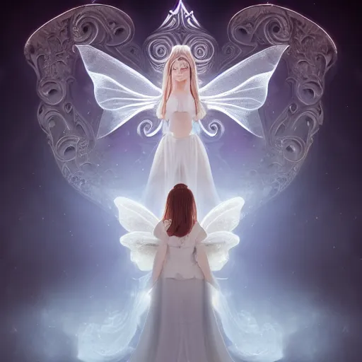 Prompt: a hymn of a large symmetric portrait character fairy elf and white angels artbreeder in a glory highly detailed light white smoke ornate smoke misty sacral environment intelligent scrollwork majestetic ambient uplight 8k light cosmos photobash gold lighting epic cinematic style wideangle cinematic shot hyperreal