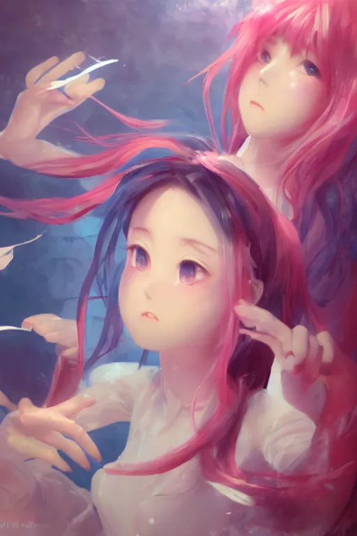 Prompt: 3d infrared octane render concept art by by Mo Xiang Tong Xiu, by Igarashi Daisuke, by makoto shinkai, cute beauty selfie portrait anime funny two schoolgirls under dark pink and blue underwater. koi fish. beautiful and cutest faces. dramatic deep light, trending on artstation, oil painting brush