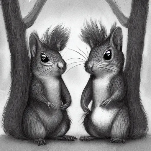 Prompt: hologram of two anthropomorphic squirrels looking at the viewer rossdraws,greg rutkowski,and Sarah Andersen,ambient style, very detailed,detailed,detailed,sad,gloomy,dark