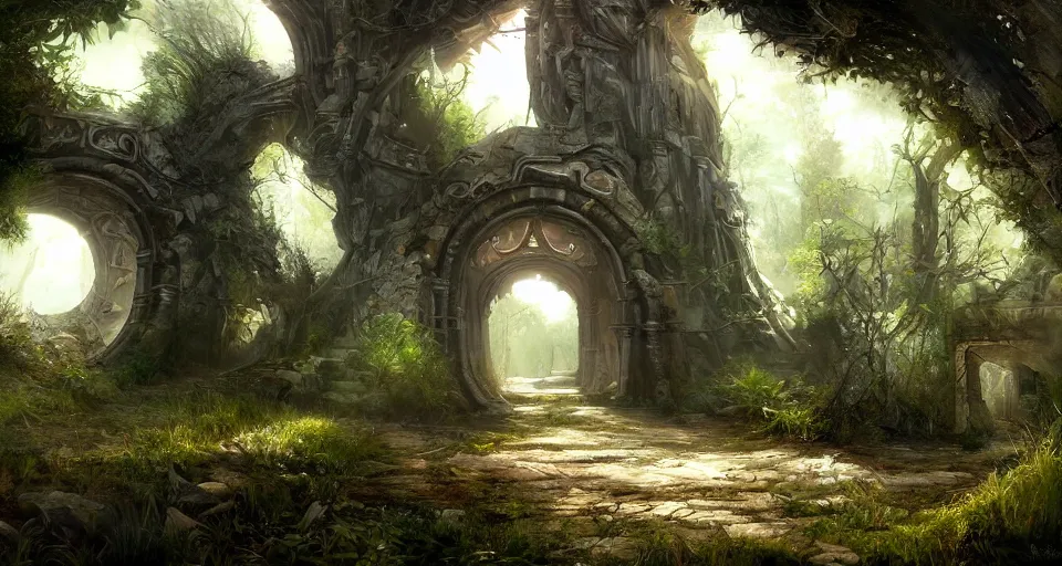 a beautiful concept art of ancient gate in the forest, | Stable Diffusion