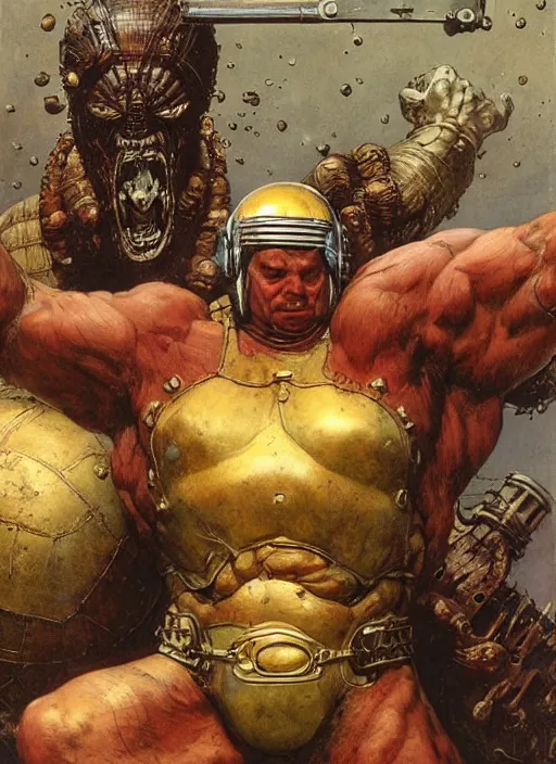 Prompt: huge morgan aste as marvel's juggernaut wearing metal helmet, dynamic, by lawrence alma tadema and jack kirby and greg staples and zdzislaw beksinski and norman rockwell and tom lovell