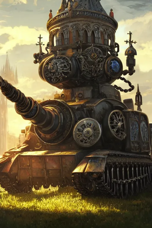 Image similar to a mobile driving ornate cathedral church as tower mounted on a tank with chain drive, warhammer 4 0, scene in an open field. key visual, conceptart, ambient lighting, highly detailed, digital painting, artstation, concept art, sharp focus, by makoto shinkai and akihiko yoshida and kris kuksi