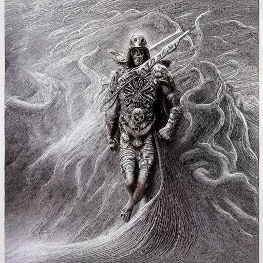 Image similar to zeus in golden thunder armor, wielding ornamented thunder bolt, beksinski