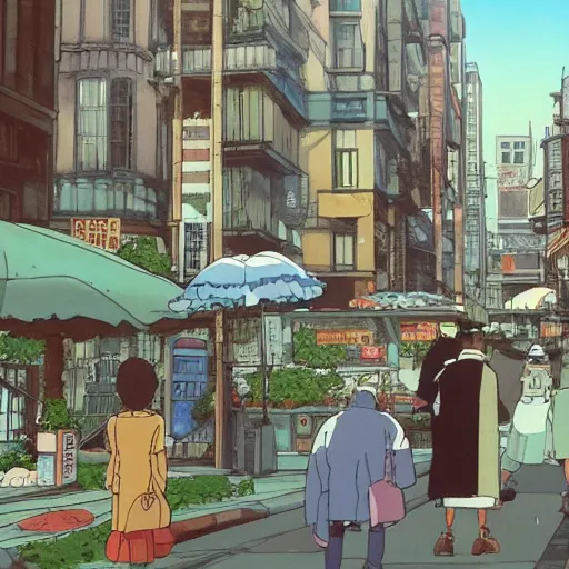 Prompt: a relaxing urban scene from the Miyazaki film Life and Death in The City