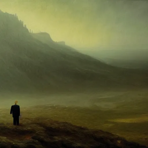 Image similar to donald trump in anguish a desolate misty landscape, painted by caspar david friedrich and greg rutkowski