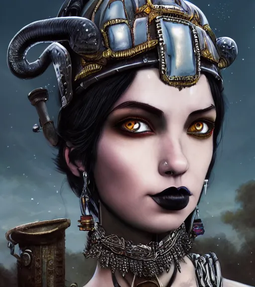 Prompt: an epic fantasy comic book style portrait painting of a very imposing industrial goth cleopatra, character design by mark ryden and pixar and hayao miyazaki, unreal 5, daz, hyperrealistic, octane render, cosplay, rpg portrait, dynamic lighting, intricate detail, winter vibrancy, cinematic