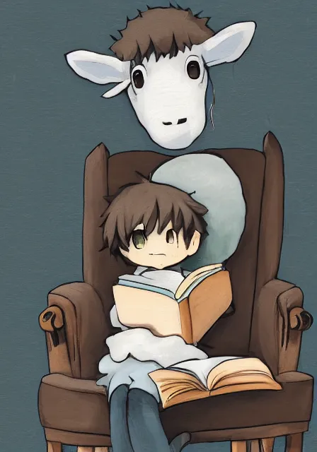 Image similar to beautiful little boy wearing sheep suit reading a book while sitting on chair, gray, blue, green and brown pallet color. made in abyss art style, inspired by kris from deltarrune, cute detailed artwork, anatomically correct, soft details, ilya kuvshinov, reflection, perfect composition, mobile wallpaper, illumination, helltaker