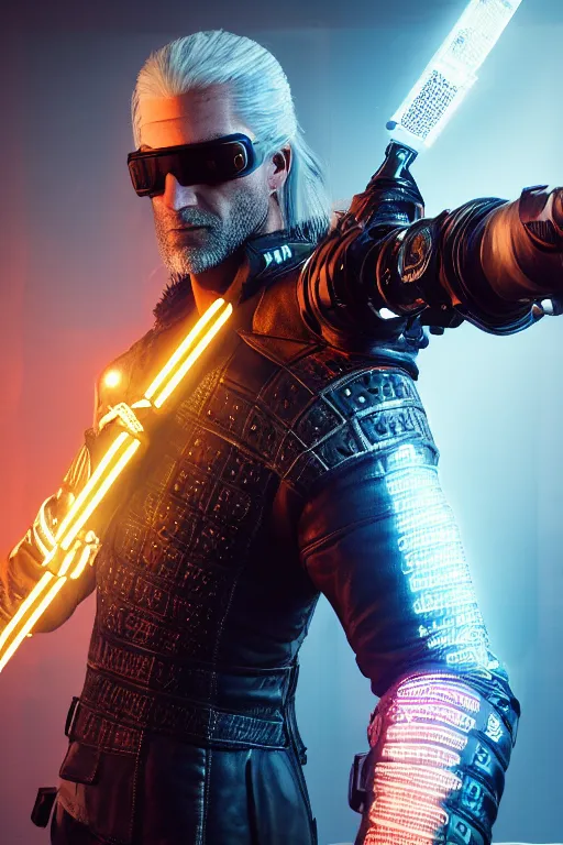 Image similar to geralt of rivia wearing futuristic leather jacket and futuristic goggles, geralt of rivia wielding a neon broadsword, cyberpunk 2 0 7 7, medium shot, background is filled with neon lights and futuristic vehicles, trending on artstation, ultra realistic, 4 k