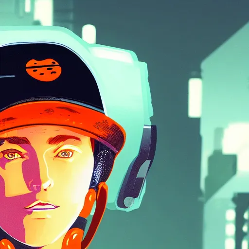 Image similar to in the style of deathburger and laurie greasley a close up of a young explorer wearing a cyberpunk headpiece with an orange visor, highly detailed, 8k wallpaper