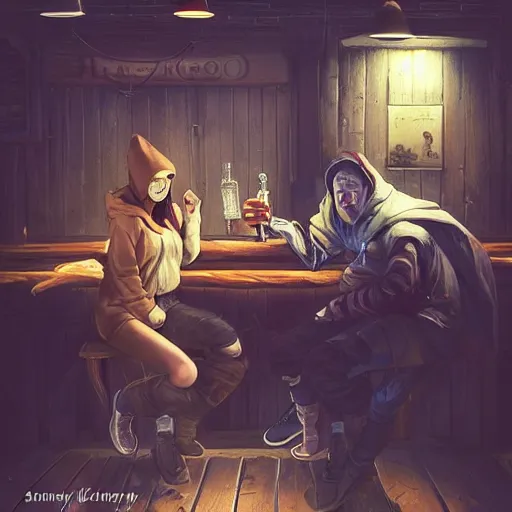 Image similar to a beautiful barmaid trying to cheer up a gloomy guy wearing a hood, sitting in a dark tavern at the corner , made by Stanley Artgerm Lau, WLOP, Rossdraws, ArtStation, CGSociety, concept art, cgsociety, octane render, trending on artstation, artstationHD, artstationHQ, unreal engine, 4k, 8k,