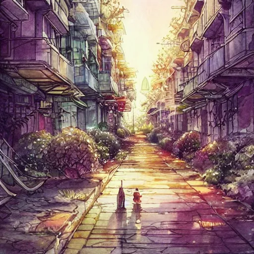 Prompt: Beautiful happy picturesque charming sci-fi city in harmony with nature. Nice colour scheme, soft warm colour. Beautiful detailed watercolor by Lurid. (2022)