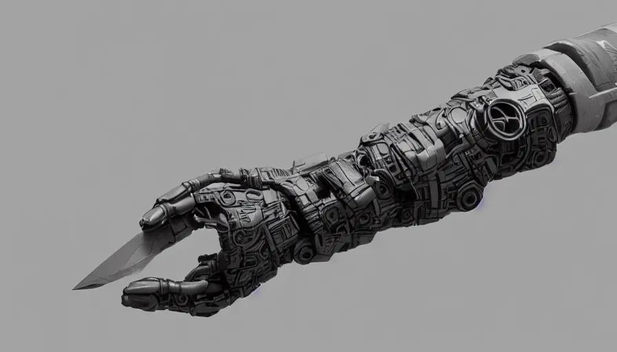 Image similar to Joshua Cotter, 3d hardsurface design, octane rendered, robotic bionical prosthetic arm design, hardops, box cutter, artstation trending, wow, 8k, edon guraziu