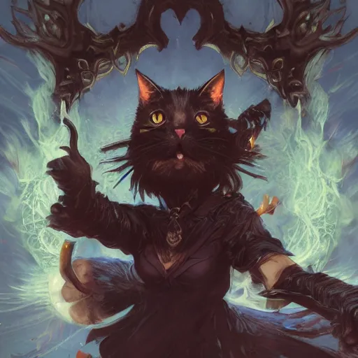 Image similar to Cat Witch, Anthropomorphized, casting evil spell, magic the gathering artwork, D&D, fantasy, centered, symmetrical, highly detailed, artstation, concept art, sharp focus, 8k, art by Akihiko Yoshida and Greg Rutkowski and Craig Mullins, oil painting