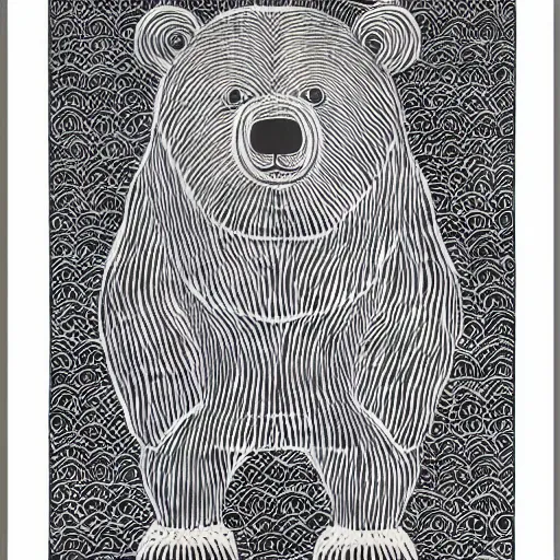 Image similar to happy bear, block print, simple stylized, black ink on white paper