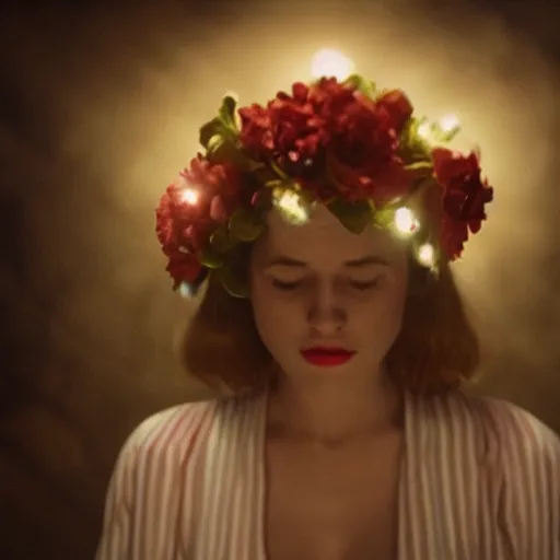 Prompt: movie still of the girl with the flowers head, cinematic composition, cinematic light, by edgar wright and david lynch, surreal art