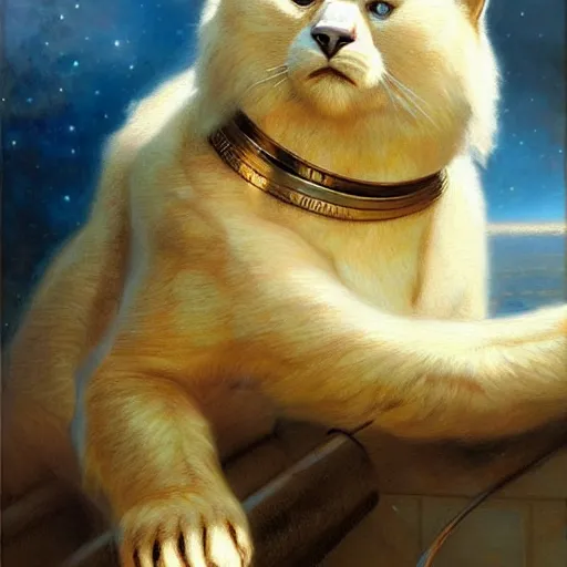 Image similar to a portrait of a manly bear white cat feline, blue eyes, star trek the next generation. highly detailed painting by gaston bussiere, craig mullins, j. c. leyendecker, furry