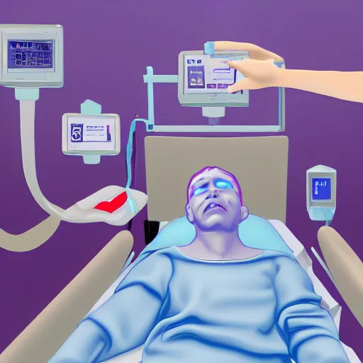 Prompt: IV station with patient in hospital bed getting blood transfusion, digital art