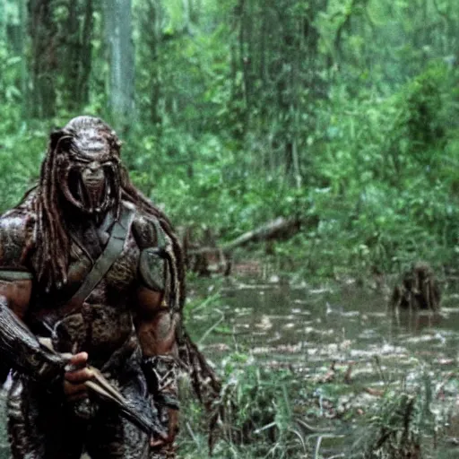 Prompt: film still of predator looking for his prey and john cena as major dutch, covered in mud and hiding from him in swamp scene in 1 9 8 7 movie predator, hd, 4 k