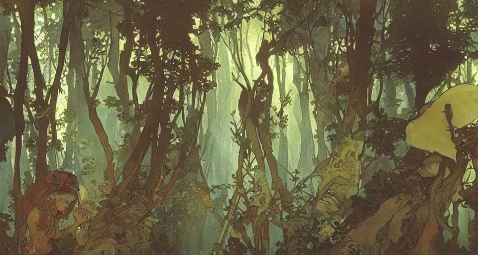 Image similar to Enchanted and magic forest, by Alfons Maria Mucha