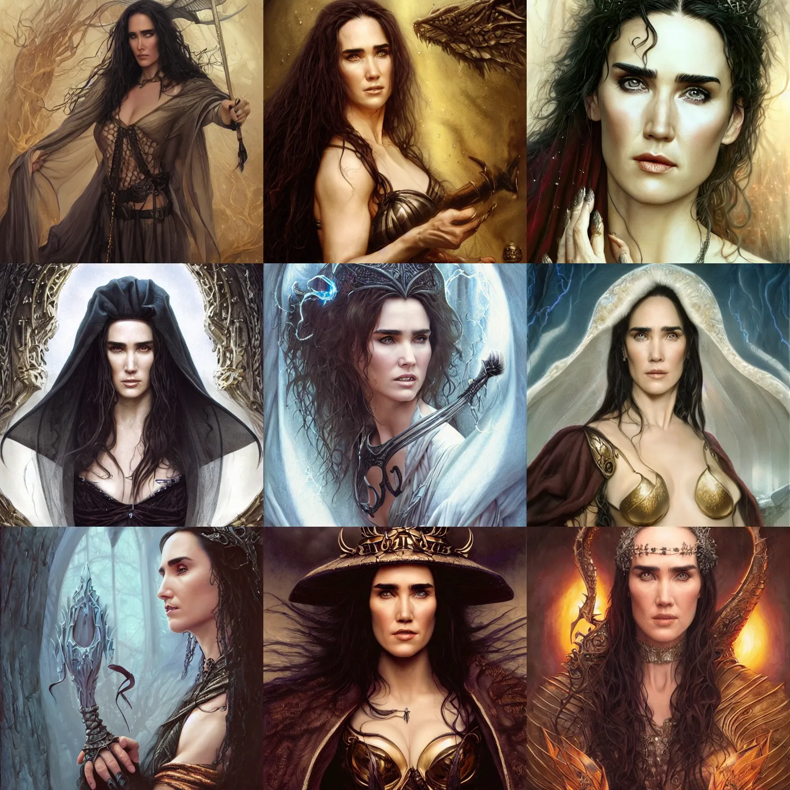 Prompt: jennifer connelly as a beautiful Medieval sorceress by Gerald Brom +Mark Arian +Stanley Artgerm Lau +WLOP , extremely detailed , hyper realistic ,smooth, sharp focus