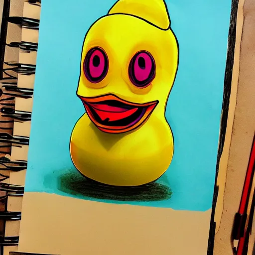 Prompt: rubber duck horror, rubber duck mutant, rubber duck zombie horror, drawing