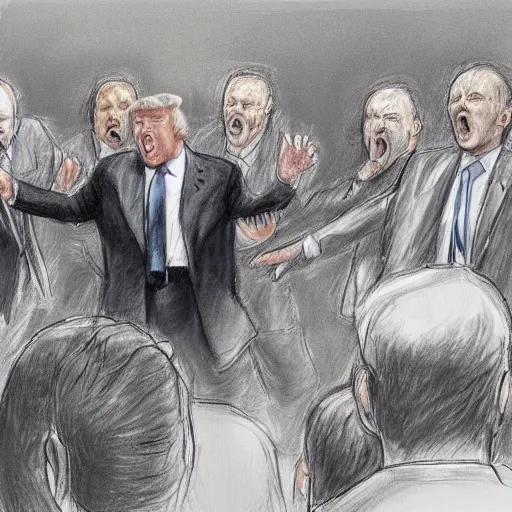 Image similar to highly detailed realistic sketch of donald trump fighting and yelling at a fbi agents, award winning , masterpiece on a scroll , post-processing