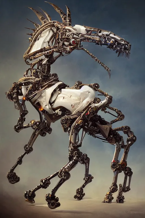 Prompt: 3 quarter view photography portrait of a biomechanical stalion horse illustrated by greg rutkowski and Akira Saito and Peter mohrbacher, boston dynamics, 4k,