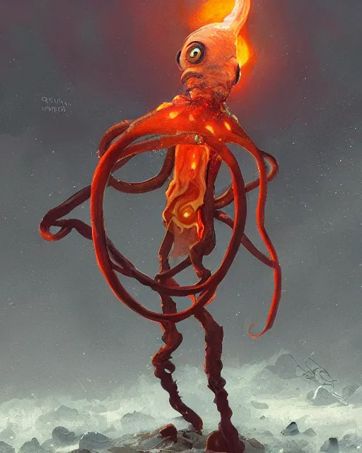 Image similar to humanoid squid squidward wearing fire nation clothing and practicing firebending outside at susnset, [ greg rutkowski ]