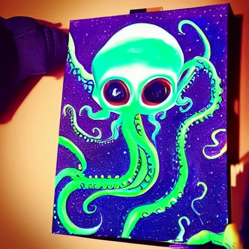 Image similar to Cthlulu!!!!!!!!!!!!!!! Is an influencer on instagram trying to sell his MLM candles, pyramid scheme, Squid-face lovecraftian eldritch profile pic, oil painting, tentacles, glow galaxy background,