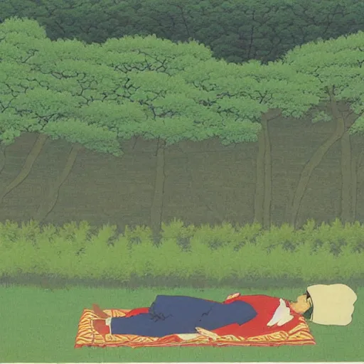 Prompt: A man lay prone on the grass,Hasui Kawase