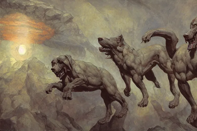 Image similar to hyperdetailed matte art of cerberus by william blake, ilya repin, amano, rene magritte, craig mullins