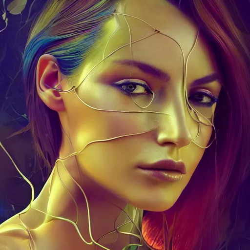 Image similar to a highly detailed digital image of an elegantly posed futuristic woman beautifully intertwined in chromatic liquid like leaves, by Andrew Chiampo, artstation, and Frederik Heyman, extremely detailed woman, stunning volumetric lighting, hyper realism, fantasy 4k