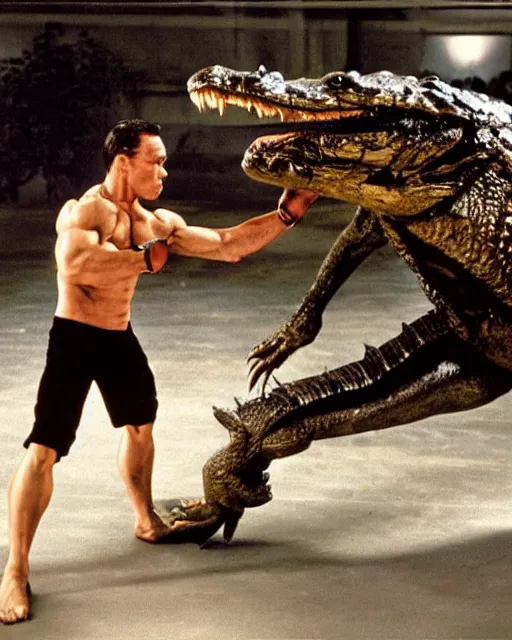 Prompt: jean - claude van damme fighting against a giant alligator monster, bipedal crocodile with sharp scales and muscular arms and legs. inhuman monster verses human martial artist. - w 8 0 0