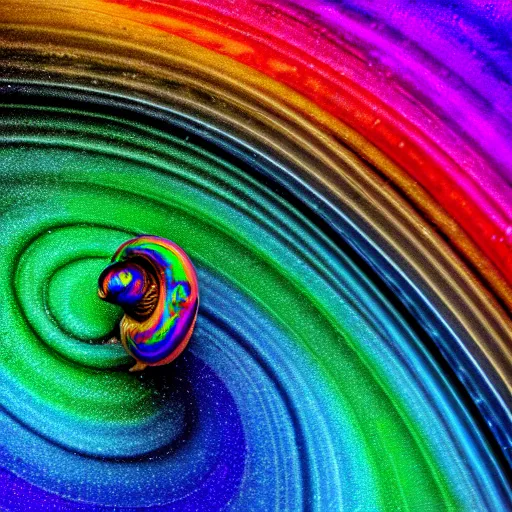 Image similar to A Hyper Space Snail leaving a Trail of Oil Slick Rainbow while it performs violin for the insect kingdom HDR