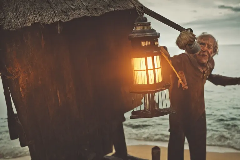 Image similar to closeup old man holding up a lantern on the beach in a pirate ship bay meet to a old wood shack by emmanuel lubezki