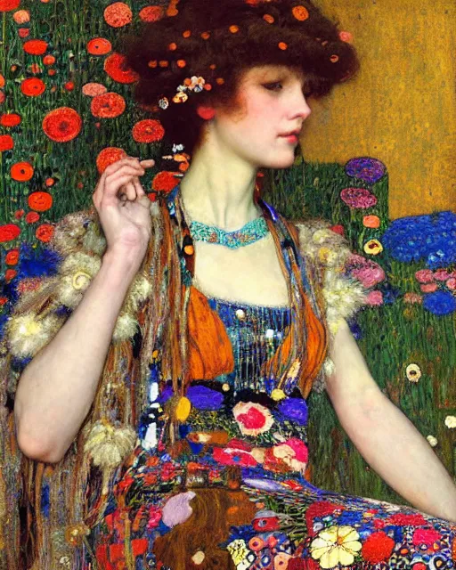 Prompt: a beautiful woman in a colorful dress surrounded by colorful patterns and flowers by gustave klimt and edgar maxence and john william waterhouse and michael whelan, artistic, intricate realistic fantasy, extremely detailed and beautiful face, 8 k resolution, dramatic lighting