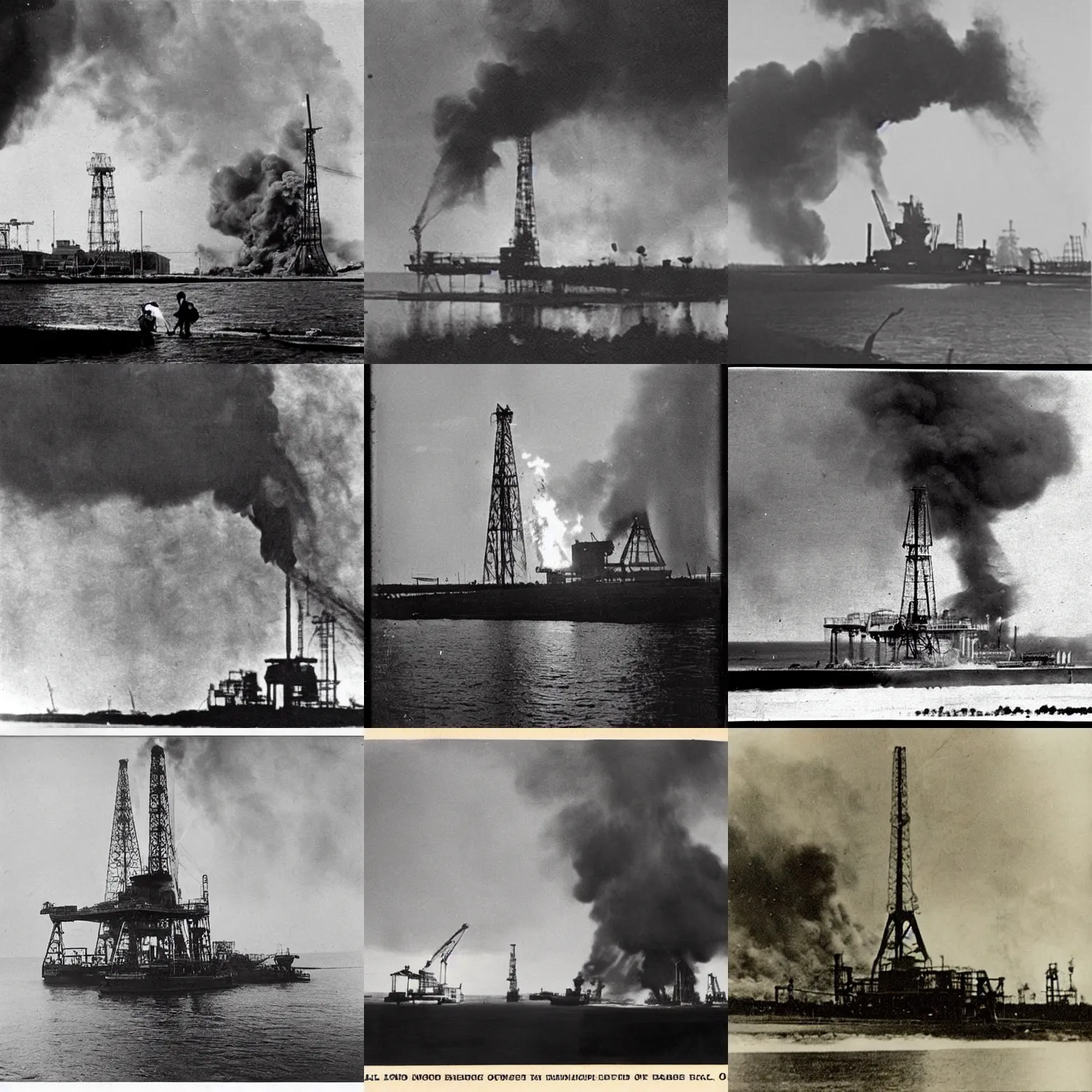 Prompt: “oil rig on fire, 1900’s photo”