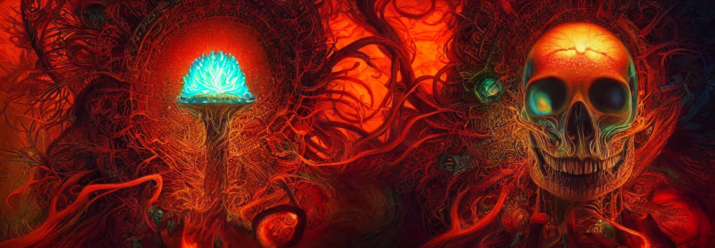 Image similar to psychedelic shaman close-up portrait. amanita muscaria phoenix head, nautilus, insect, skull, ice and fire, bioluminiscent creatures, intricate artwork by Tooth Wu and wlop and beeple. octane render, trending on artstation, greg rutkowski very coherent symmetrical artwork. cinematic, hyper realism, high detail, octane render, 8k