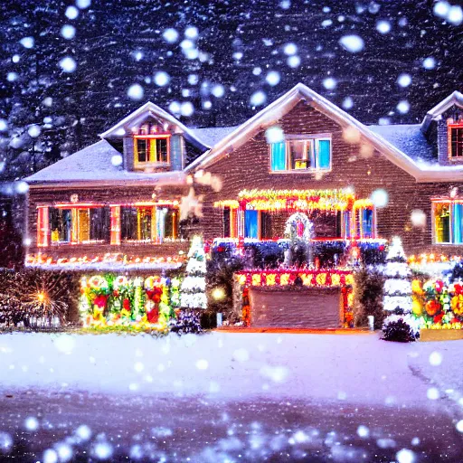 Prompt: a big wonderful house in the american suburbs decorated in christmas lights, shot from across the street, during the night, snow is falling to the ground