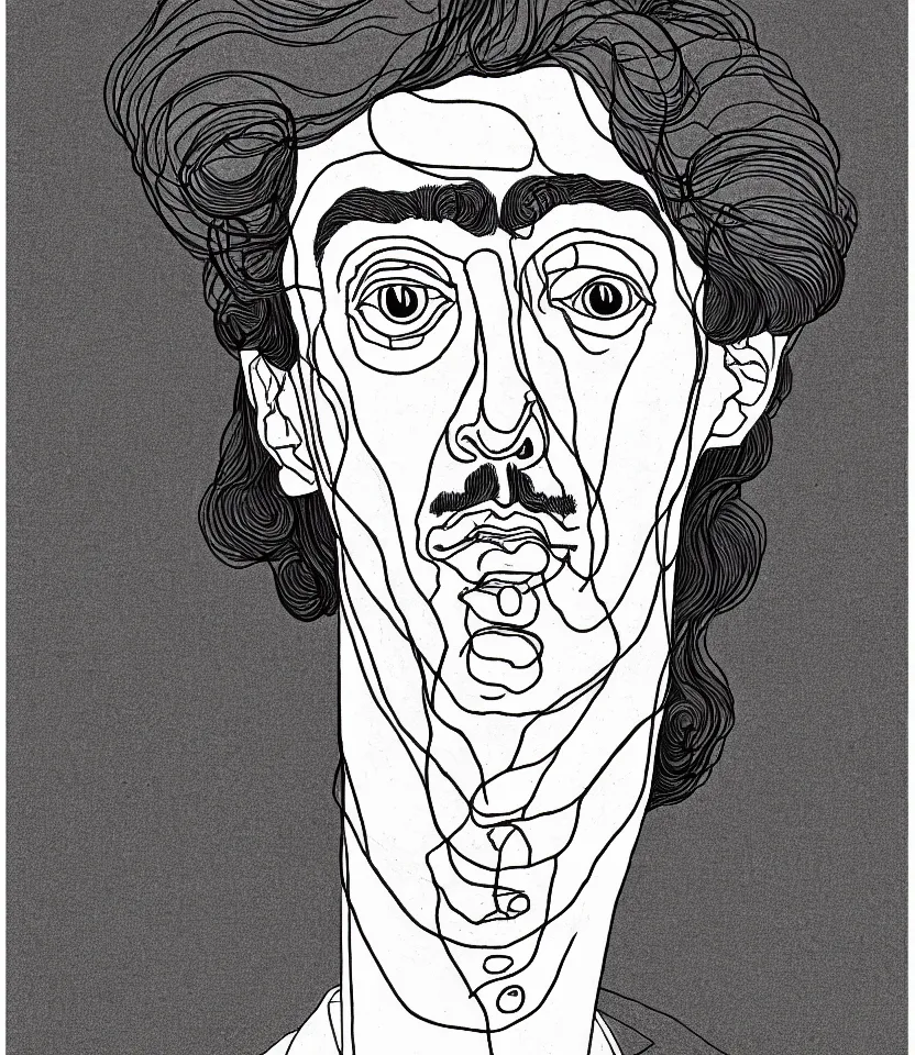 Prompt: detailed line art portrait of alan watts, inspired by egon schiele. caricatural, minimalist, bold contour lines, musicality, soft twirls curls and curves, confident personality, raw emotion