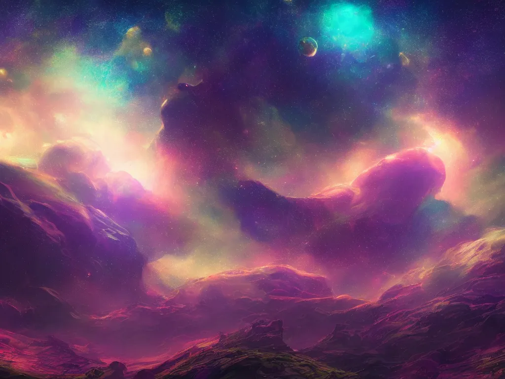 Image similar to A realm of a vast galaxy, five planets, intricate, elegant, fantasy, highly detailed, digital painting, concept art, sharp focus, illustration, beautiful volumetric lighting, deep dark, artstation, magic hour lighting, colorful, springtime, by Elizabeth Miloecute