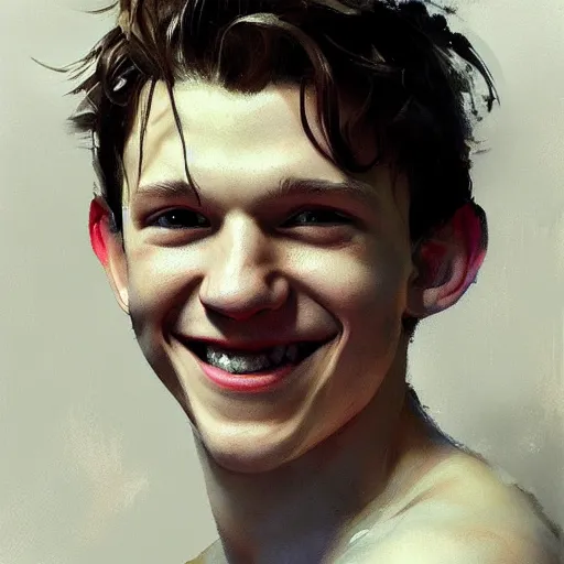 Prompt: smiling cute tom holland by ruan jia, portrait