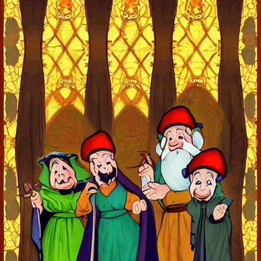 Prompt: seven dwarves in catholic religious garb with halos, background of poison apples, digital painting, glow art nouveau