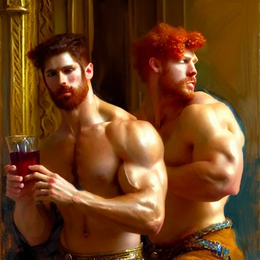 Image similar to attractive muscular mike with ginger hair with attractive tyler with brunet hair, drinking their hearts out, in their noble mansion. highly defined painting, highly detailed painting by gaston bussiere, craig mullins 8 k