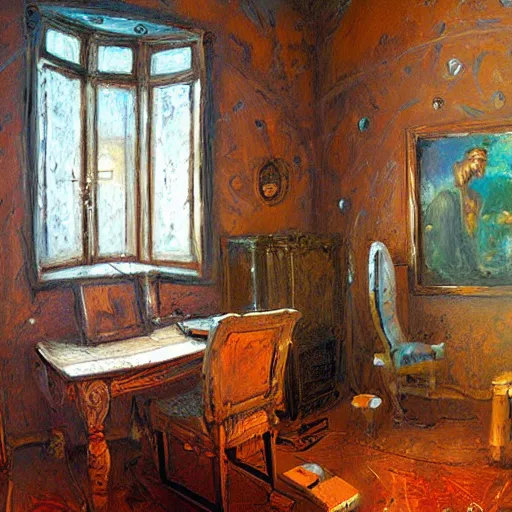 Image similar to a cozy little office nook, dmitry spiros, leonardo da vinci, 8 k, wide angle,