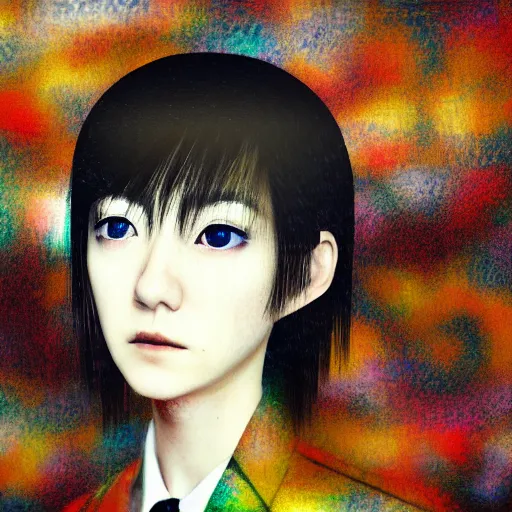 Image similar to yoshitaka amano blurred and dreamy realistic three quarter angle portrait of a young woman with short hair and black eyes wearing office suit with tie, junji ito abstract patterns in the background, satoshi kon anime, noisy film grain effect, highly detailed, renaissance oil painting, weird portrait angle, blurred lost edges