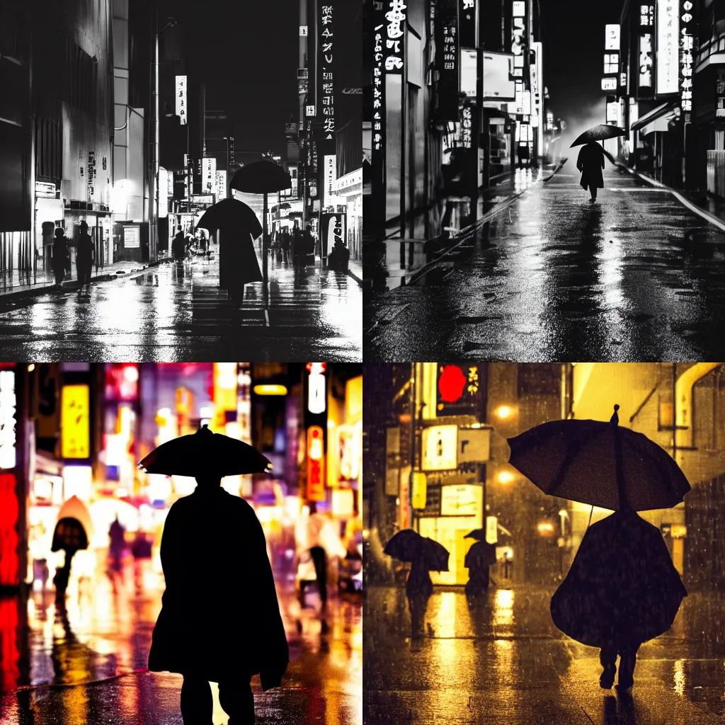 Prompt: Photo of a rainy night in a street in Tokyo, a silhoutte of a samurai with a cape is walking in the middle of the street, long shot, 4k, featured on ArtStation