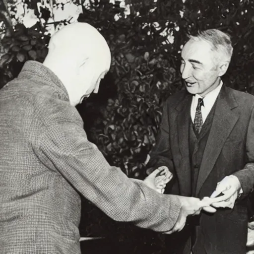 Image similar to photo of robert oppenheimer selling flowers