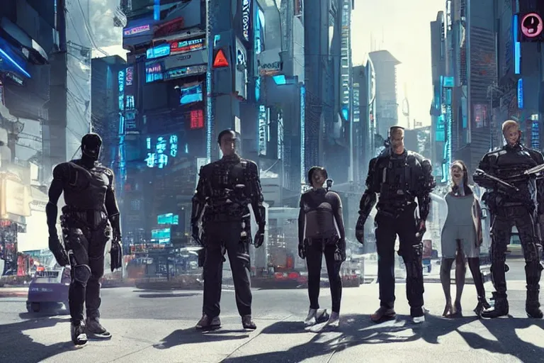 Image similar to movie diverse interracial team of Japanese sci-fi futuristic robbers armed with rifles interior clean futuristic tactical van, cyberpunk city, beautiful skin, Symmetrical faces. natural lighting by Emmanuel Lubezki