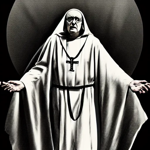 Image similar to graphic illustration, creative design, aleister crowley as a nun, biopunk, francis bacon, highly detailed, hunter s thompson, concept art